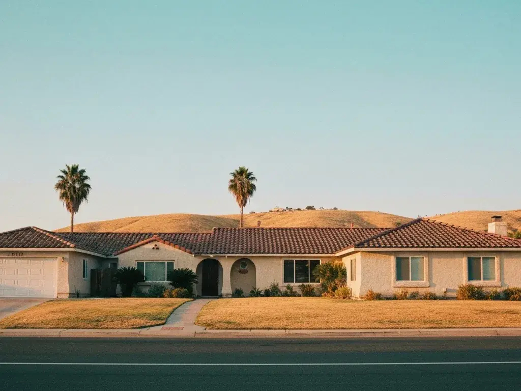 stucco Spanish-style suburban ranch home with a tile roof in Bakersfield, California